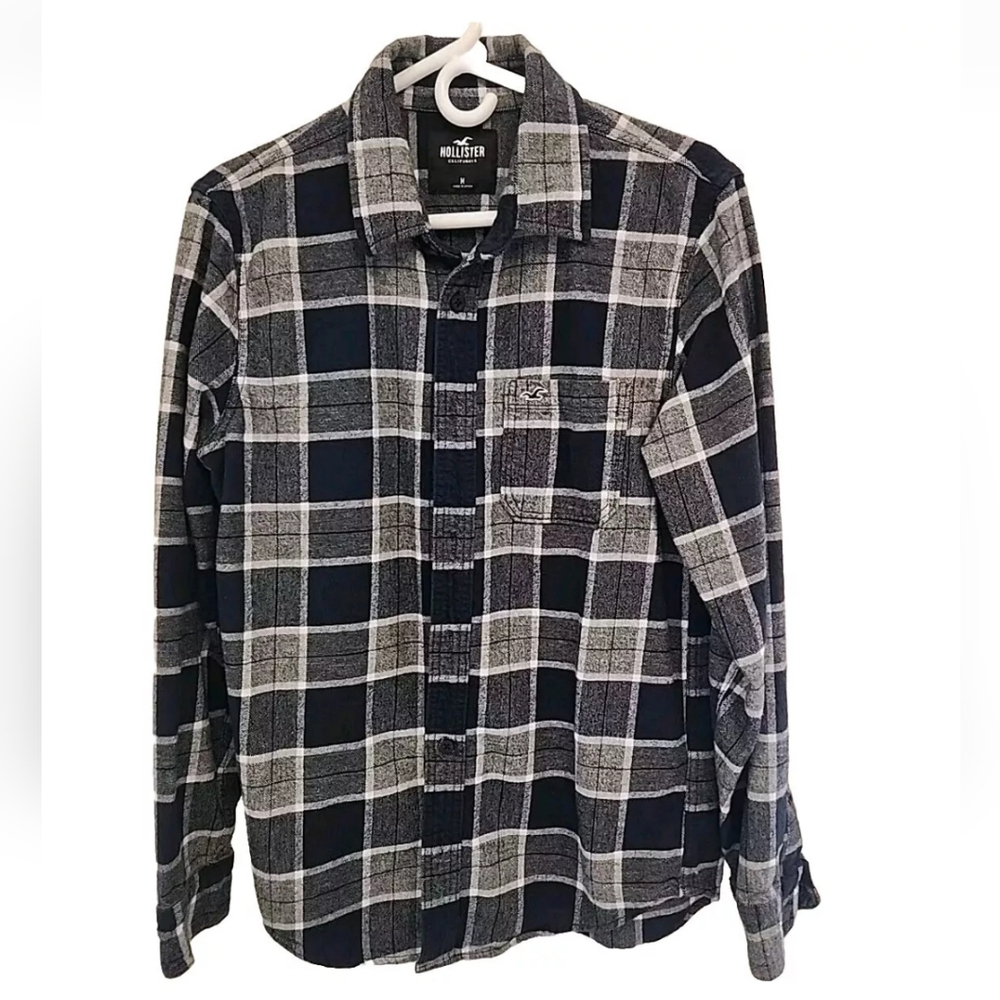 Hollister Men Size M Blue Check Tweed Heavy Cotton Long Sleeve Winter Shirt